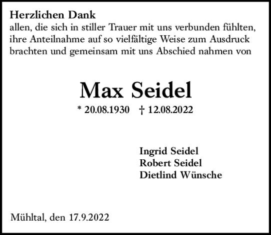 Traueranzeige von Max Seidel von vrm-trauer Darmstädter Echo