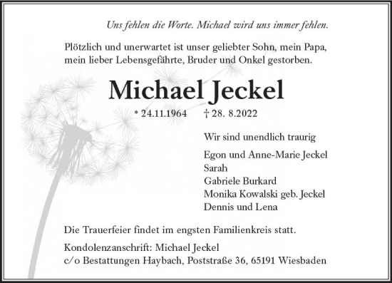 Traueranzeige von Michael Jeckel von vrm-trauer Wiesbadener Kurier