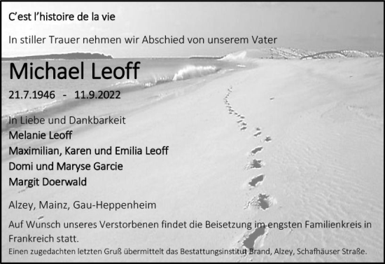 Traueranzeige von Michael Leoff von vrm-trauer Allgemeine Zeitung Alzey