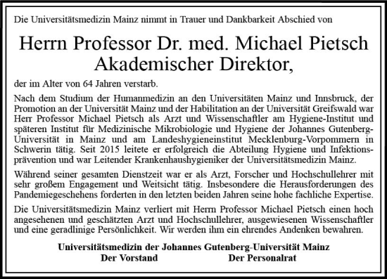 Traueranzeige von Michael Pietsch von vrm-trauer Wiesbadener Kurier