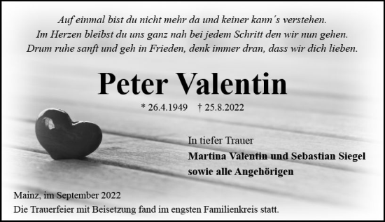 Traueranzeige von Peter Valentin von vrm-trauer AZ Mainz