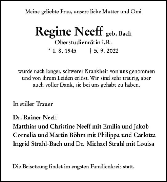Traueranzeige von Regine Neeff von vrm-trauer Wiesbadener Kurier