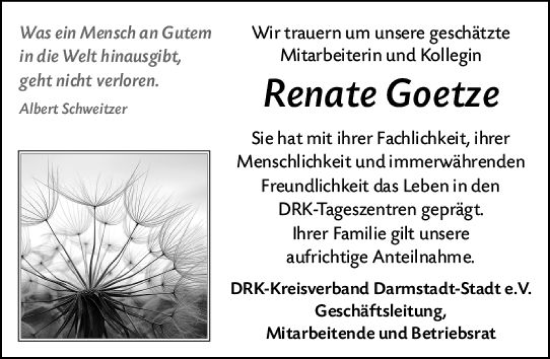 Traueranzeige von Renate Goetze von vrm-trauer Darmstädter Echo