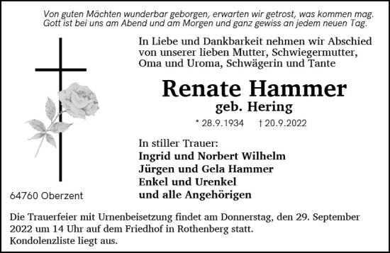 Traueranzeige von Renate Hammer von vrm-trauer Odenwälder Echo