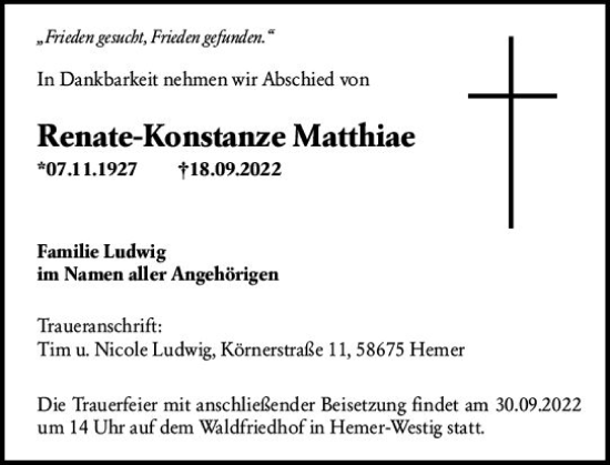 Traueranzeige von Renate-Konstanze Matthiae von vrm-trauer Wiesbadener Kurier