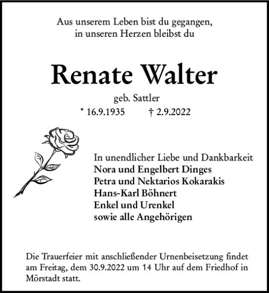 Traueranzeige von Renate Walter von vrm-trauer Wormser Zeitung
