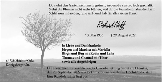 Traueranzeige von Richard Neff von vrm-trauer Odenwälder Echo