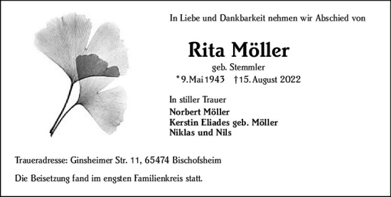 Traueranzeige von Rita Möller von vrm-trauer Rüsselsheimer Echo / MainSpitze