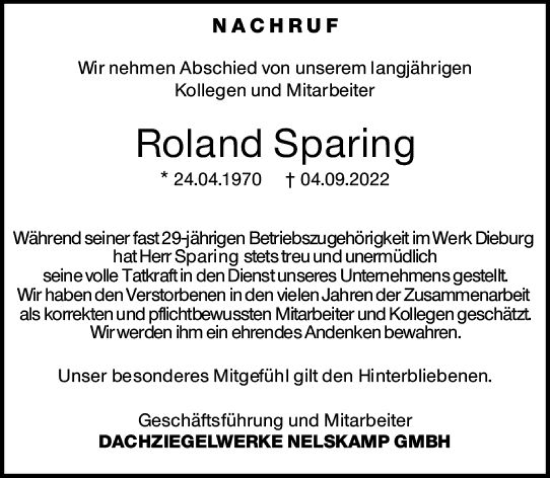 Traueranzeige von Roland Sparing von vrm-trauer DieburgerAnzeiger/Groß-Zimmerner Lokala