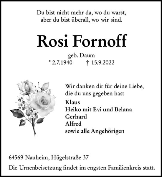 Traueranzeige von Rosi Fornoff von vrm-trauer Rüsselsheimer Echo / MainSpitze