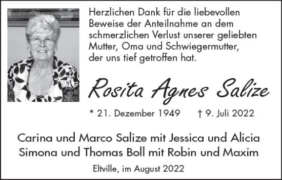 Traueranzeige von Rosita Agnes Salize von vrm-trauer Rheingau