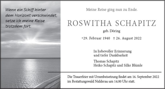 Traueranzeige von Roswitha Schapitz von vrm-trauer Wiesbadener Kurier