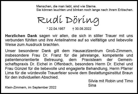 Traueranzeige von Rudi Döring von vrm-trauer DieburgerAnzeiger/Groß-Zimmerner Lokala