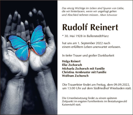Traueranzeige von Rudolf Reinert von vrm-trauer Wiesbadener Kurier