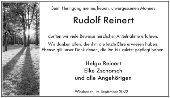 Traueranzeige von Rudolf Reinert von vrm-trauer Wiesbadener Kurier