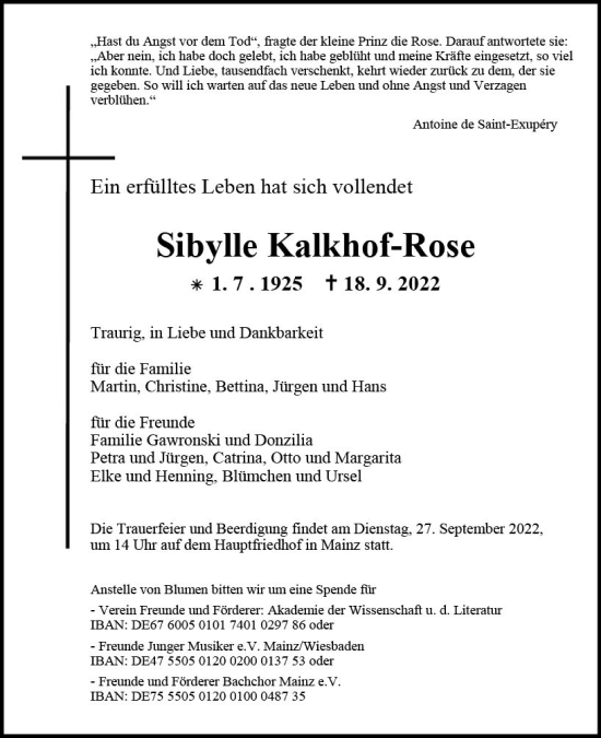 Traueranzeige von Sibylle Kalkhof-Rose von vrm-trauer Wiesbadener Kurier