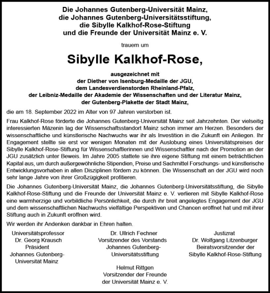 Traueranzeige von Sibylle Kalkhof-Rose von vrm-trauer AZ Mainz