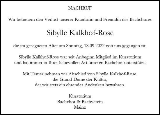 Traueranzeige von Sibylle Kalkhof-Rose von vrm-trauer AZ Mainz