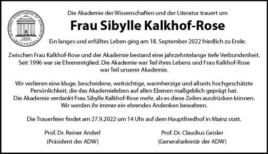 Traueranzeige von Sibylle Kalkhof-Rose von vrm-trauer AZ Mainz