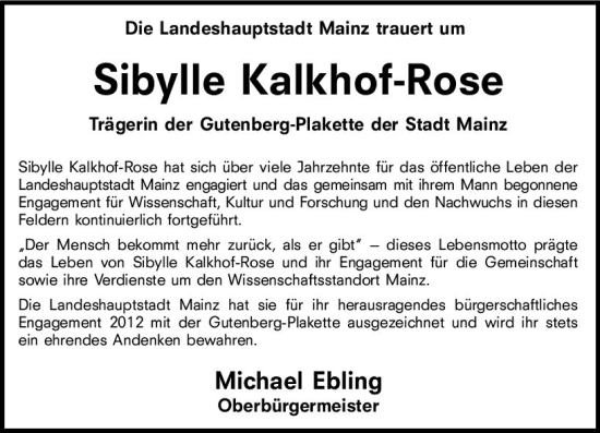Traueranzeige von Sibylle Kalkhof-Rose von vrm-trauer AZ Mainz