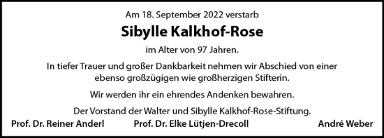 Traueranzeige von Sibylle Kalkhof-Rose von vrm-trauer AZ Mainz