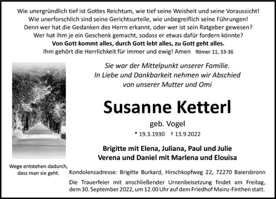 Traueranzeige von Susanne Ketterl von vrm-trauer AZ Mainz