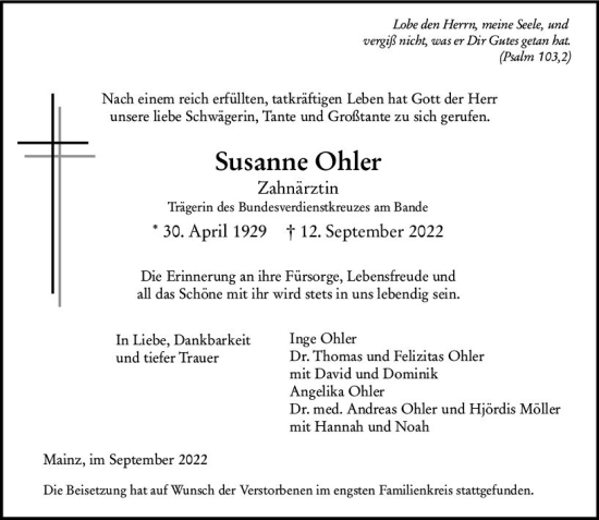 Traueranzeige von Susanne Ohler von vrm-trauer AZ Mainz
