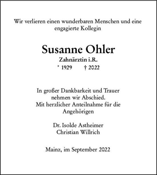 Traueranzeige von Susanne Ohler von vrm-trauer AZ Mainz