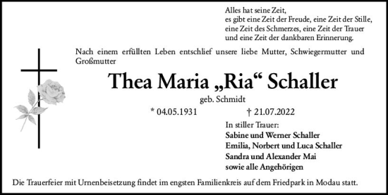 Traueranzeige von Thea Maria Schaller von vrm-trauer Darmstädter Echo