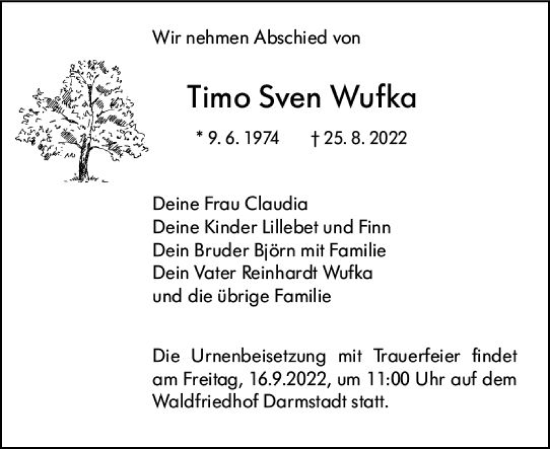 Traueranzeige von Timo Sven Wufka von vrm-trauer Darmstädter Echo