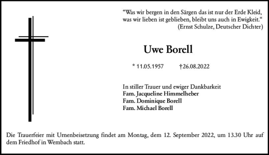 Traueranzeige von Uwe Borell von vrm-trauer Darmstädter Echo