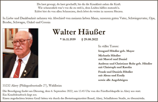 Traueranzeige von Walter Häußer von vrm-trauer Allgemeine Zeitung Alzey