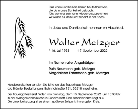 Traueranzeige von Walter Metzger von vrm-trauer Allgemeine  Zeitung Ingelheim-Bingen