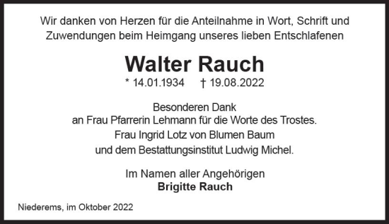 Traueranzeige von Walter Rauch von vrm-trauer Idsteiner Zeitung