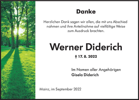 Traueranzeige von Werner Diderich von vrm-trauer AZ Mainz