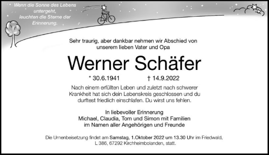 Traueranzeige von Werner Schäfer von vrm-trauer Wormser Zeitung
