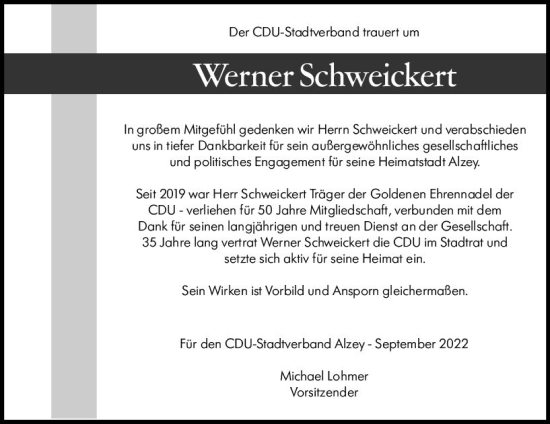 Traueranzeige von Werner Schweickert von vrm-trauer Allgemeine Zeitung Alzey