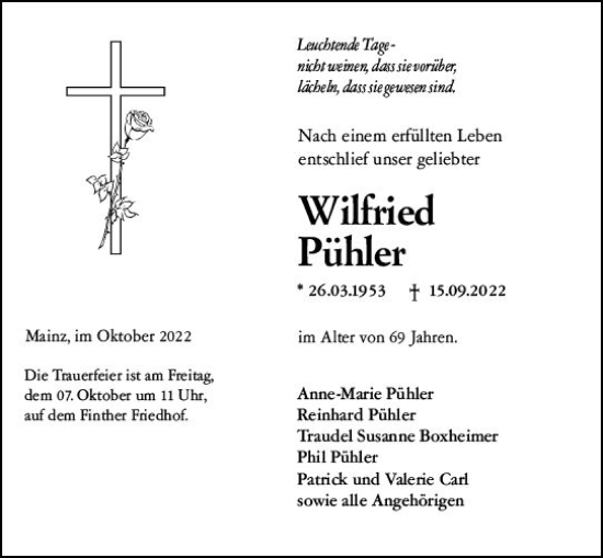 Traueranzeige von Wildfried Pühler von vrm-trauer AZ Mainz