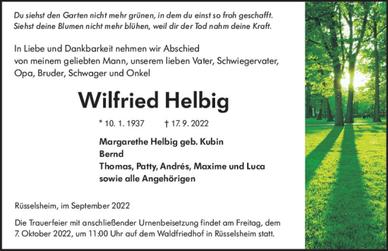 Traueranzeige von Wilfried Helbig von vrm-trauer Rüsselsheimer Echo / MainSpitze