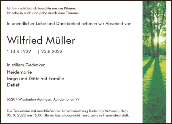 Traueranzeige von Wilfried Müller von vrm-trauer Wiesbadener Kurier