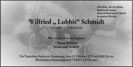 Traueranzeige von Wilfried Schmidt von vrm-trauer Wiesbadener Kurier