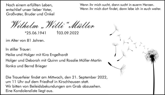 Traueranzeige von Wilhelm Müller von vrm-trauer Bürstädter/Lamperth. Ztg/Starkenburger