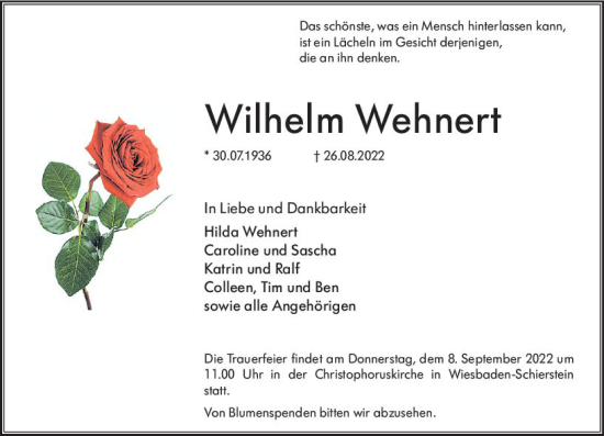 Traueranzeige von Wilhelm Wehnert von vrm-trauer Wiesbadener Kurier