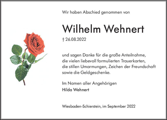 Traueranzeige von Wilhelm Wehnert von vrm-trauer Wiesbadener Kurier