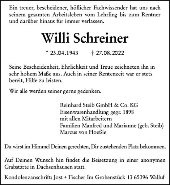 Traueranzeige von Willi Schreiner von vrm-trauer Wiesbadener Kurier