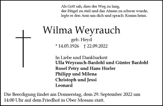 Traueranzeige von Wilma Weyrauch von vrm-trauer Odenwälder Echo