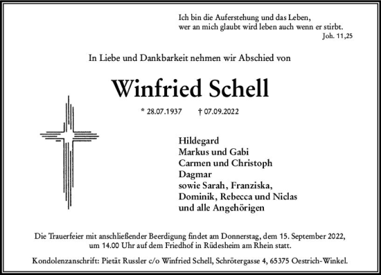 Traueranzeige von Winfried Schell von vrm-trauer Rheingau