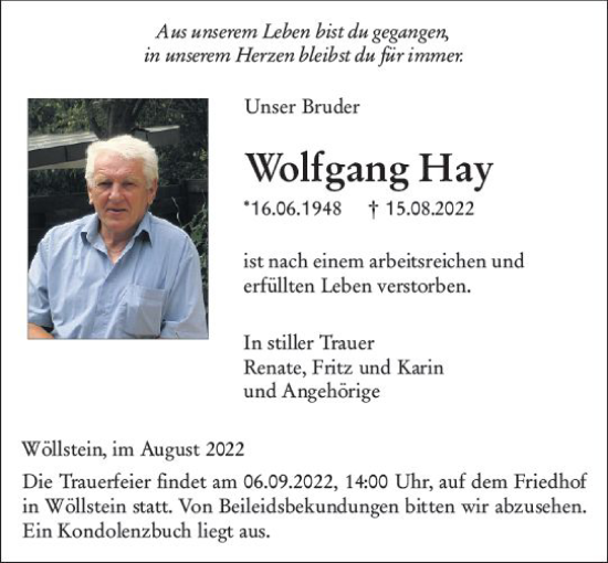 Traueranzeige von Wolfgang Hay von vrm-trauer Allgemeine Zeitung Alzey