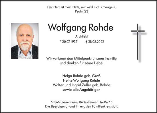 Traueranzeige von Wolfgang Rohde von vrm-trauer Rheingau