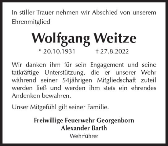 Traueranzeige von Wolfgang Weitze von vrm-trauer Wiesbadener Kurier